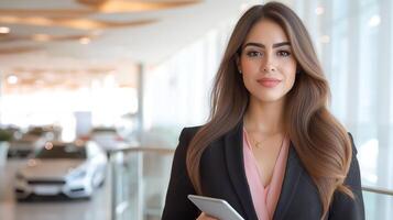 Woman holds a tablet against the background of cars in a car dealership. Professional and confident image suitable for business, technology and auto sales themes. photo