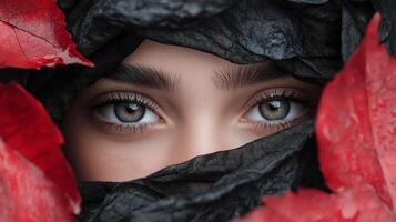 Striking close-up of captivating eyes framed by vibrant red and contrasting black leaves. The image creates a mysterious atmosphere, emphasizing deep emotions and expression. photo