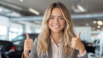 Car saleswoman girl showing thumbs up smiling with new cars in the background. Concept of selling, renting or insuring new cars. photo