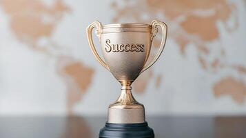 trophy with the word Success engraved on a plaque symbolizing achievement and victory. It is prominently displayed on a light colored surface depicting a world map, emphasizing photo