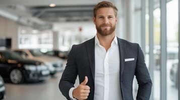 Man in business suit giving thumbs up gesture with cars in showroom in background. Confident and professional image, perfect for business, success and car sales. photo