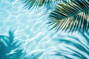 A tranquil summer scene features sunlit turquoise waters shimmering under warm rays, with gentle shadows from swaying palms creating a serene, inviting atmosphere perfect for leisurely photo
