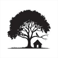 tree silhouette with bird on top of tree and house vector