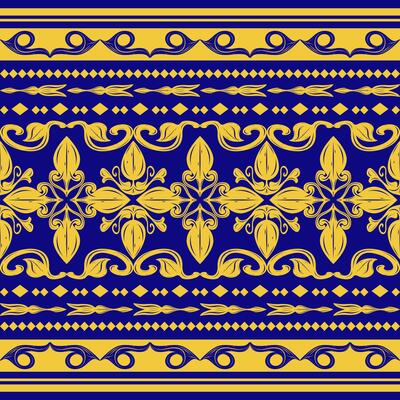 Royal Blue with Golden Silk Embroidery Texture Scroll Ornament Traditional Motif Florals Luxury Garden Theme Pattern for Delicate Opulence Design Decoration Apparel Men's Wear Fabrics Stripe Tiles Rug
