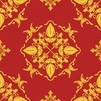 Elegance Baroque Style with Royal Gold Filigree Repeat Seamless Pattern on Red Background. Delicate Exquisite Elaborate Motif Florals Scroll Ornament for Luxury Decoration Wallpaper Textiles Texture vector