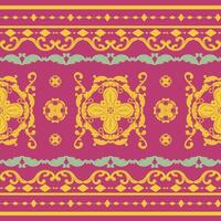 Grandiose Pink Background with Gold Scroll Ornament Florals Leaves and Blue Feathers Twist Geometric Combine Oriental Baroque Design. Luxury Classical Pattern for Decorative Border Wallpaper Handcraft vector