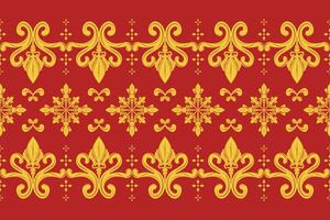 Classy Fine Damask Royal Gold Ornament Scroll Stripe Pattern on Red Background. Elaborate Wealth Honored Opulence Exquisite Element for Expensive Grand Decoration Wallpaper Border Interior Batik Lace vector