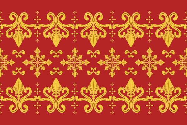Classy Fine Damask Royal Gold Ornament Scroll Stripe Pattern on Red Background. Elaborate Wealth Honored Opulence Exquisite Element for Expensive Grand Decoration Wallpaper Border Interior Batik Lace