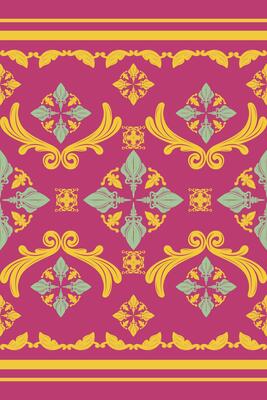 Colorful Traditional Intricate Florals Cyan Gold on Pink Background. Elaborate Border Pattern Victorian Baroque Nature Garden Design Scroll Ornament for Expensive Rich Wallpaper Silk Weaves Embroidery