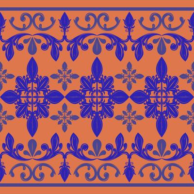 Delicate Luxury Scroll Florals Buds Wines Botanical Theme with Blue Contrast on Blunt Orange Background. Baroque Curly Seamless Pattern for Rich Decoration Silk Interior Backdrop Wallpaper Border Lace