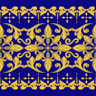 Florals Exquisite With Royal Gold Filigree Silk Weaves Pattern on Blue Background. Luxury Beautiful Garden Stripe Border Scroll Ornament For Wallpaper Tiles Ceramic Textiles Texture Backdrop Scarf Rug
