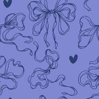 Rococo Ribbon Bow Seamless Pattern. Hand-Drawn Soft and Feminine Blue Background with Hearts. Romantic, Coquette Design. Perfect for a Lovely and Whimsical Valentines Day Background vector