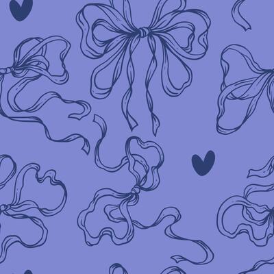 Rococo Ribbon Bow Seamless Pattern. Hand-Drawn Soft and Feminine Blue Background with Hearts. Romantic, Coquette Design. Perfect for a Lovely and Whimsical Valentines Day Background