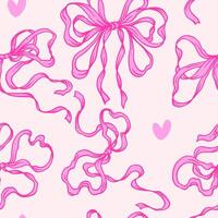 Rococo Ribbon Bow Seamless Pattern. Hand-Drawn Soft and Feminine Pink Background with Hearts. Romantic, Coquette Design. Perfect for a Lovely and Whimsical Valentines Day Background vector