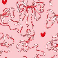 Rococo Ribbon Bow Seamless Pattern. Hand-Drawn Soft and Feminine Pink Background with Hearts. Romantic, Coquette Design. Perfect for a Lovely and Whimsical Valentines Day vector