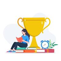 Girl reading book and cup of coffee on books and clock illustration vector