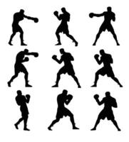 set of silhouette images of boxers in action with various poses vector