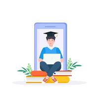 A man in a graduation cap sits on a laptop and holds a book vector