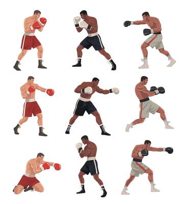 Set of boxers in action with various poses