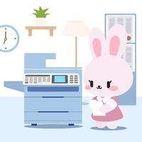 Kawaii Bunny Using Copy Machine in Office. Adorable Office Bunny Making Copies.Cute Workspace Scene. vector