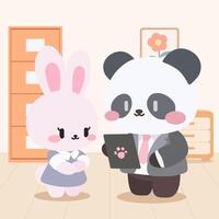 Adorable Office Meeting Between Cartoon Panda and Bunny. Cute Panda and Bunny in Office Attire Discussing Work. Kawaii Business Scene with Panda Boss and Bunny Assistant. vector