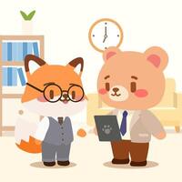 Cute Fox and Bear Characters in Office Attire Having a Meeting. Adorable Cartoon Business Scene with Fox and Bear. vector