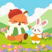 Cute Fox and Bunny Friends in Spring Flower Field. Cartoon Illustration. Happy Fox and Rabbit in Colorful Meadow. vector