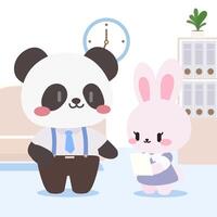 Cute Panda and Bunny Working Together in an Office.Kawaii Animal Office Scene with Panda and Rabbit. Adorable Cartoon Characters in a Professional Workspace. vector