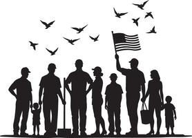 Minimalist Worker Silhouette with Children and Flag vector