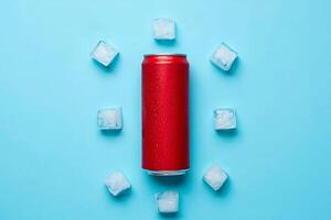 Cold Red Soda Can Surrounded by Ice Cubes photo