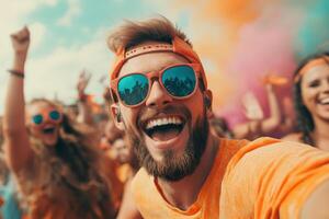 Joyful celebration at a colorful outdoor festival with happy attendees in vibrant attire photo