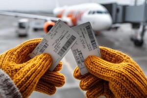 Travelers holding boarding passes in yellow gloves at an airport gate during a rainy day before their flight photo