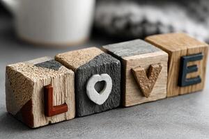 Decorative wooden blocks spell love on a grey tabletop in a cozy indoor setting photo