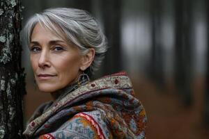 Woman in a knitted shawl poses against a tree in a misty forest during early morning light photo