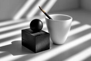 Modern desk decor featuring a black geometric shape and a white cup with a paintbrush in sunlight photo