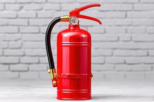 Fire extinguisher displayed on a wooden floor with a white brick wall backdrop photo