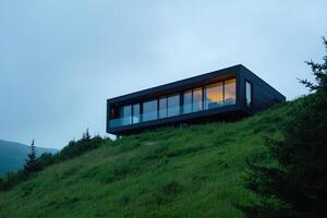 Modern cabin overlooking a lush hillside during twilight in a tranquil setting photo