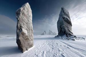 Mysterious stone formations in a snowy landscape at dusk with distant peaks photo