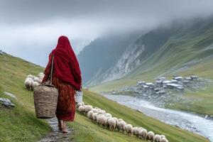 Woman herding sheep through a lush green valley in the mountains during a cloudy day photo
