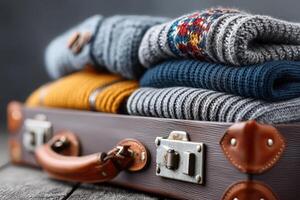 Warm sweaters neatly stacked in a vintage suitcase, ready for a cozy winter getaway photo