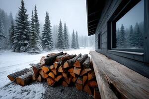 Cozy cabin surrounded by snowy trees with firewood stacked outside during winter photo