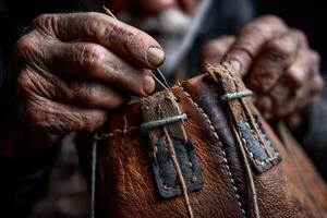 Expert craftsman meticulously stitches leather while working on a handmade bag photo