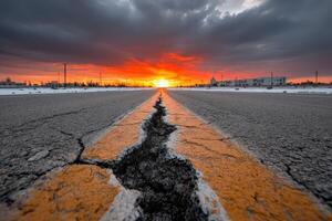 Sunset view over cracked road leading to a vibrant horizon in an isolated area photo