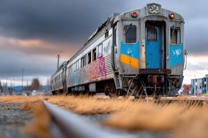Old train resting on rusty tracks amidst tall grass during a cloudy sunset in an urban area photo
