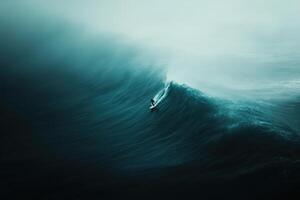 Surfer rides a majestic wave in a remote ocean location during cloudy weather photo