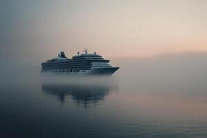 Cruise ship sailing through foggy waters at dawn near an undisclosed coastal location photo