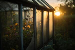 Sunset illuminating a greenhouse with plants during evening hours in a tranquil setting photo
