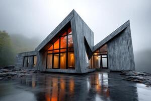 Modern architectural design features sharp angles and large windows in a misty forest setting photo