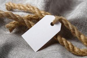 Blank tag attached to natural fiber rope on textured fabric photo