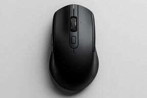 Sleek black wireless gaming mouse on a light background showing design and functionality features photo